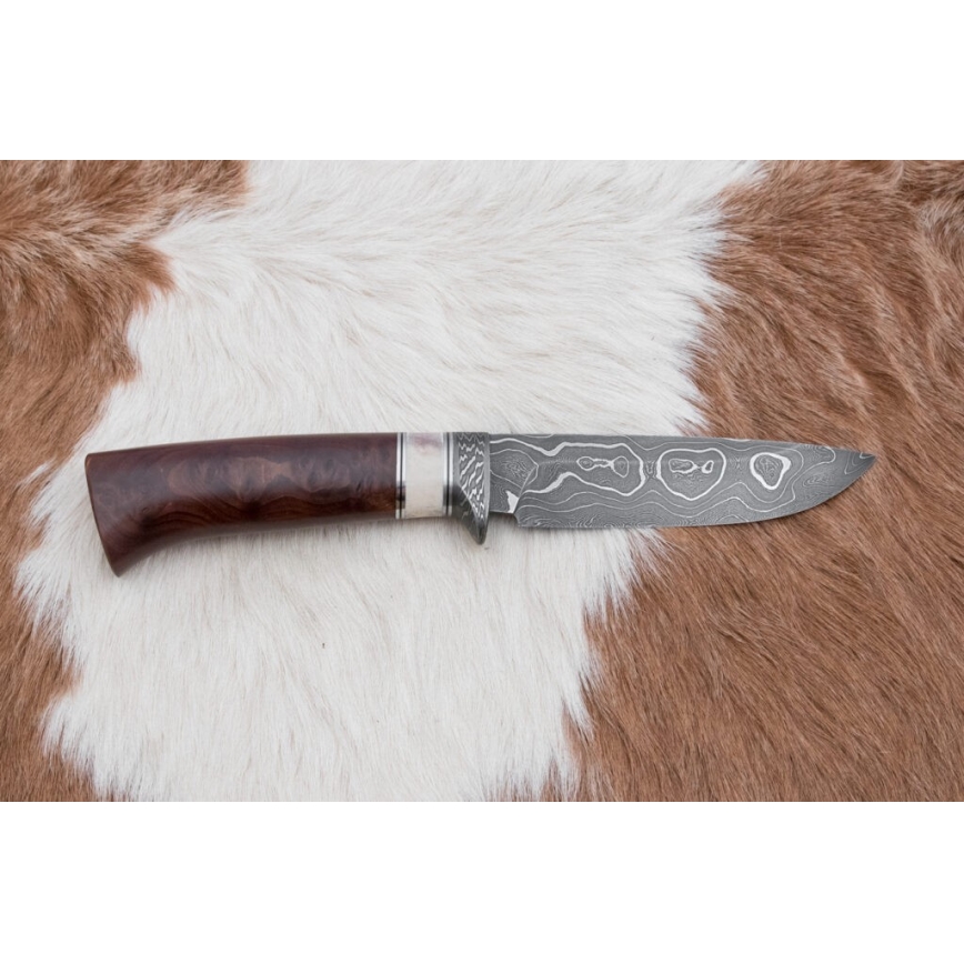 Couteau de chasse en acier de Damas 12,4 cm Bouleau/bois de renne