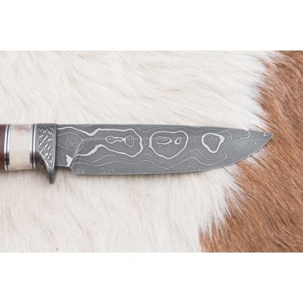 Couteau de chasse en acier de Damas 12,4 cm Bouleau/bois de renne