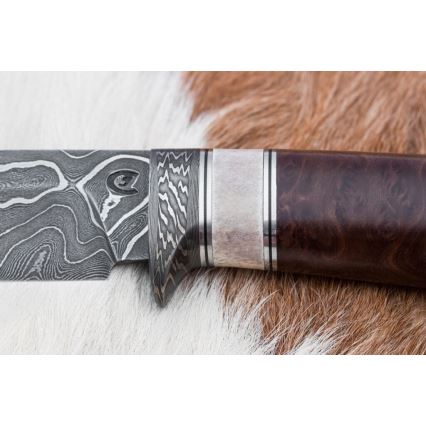 Couteau de chasse en acier de Damas 12,4 cm Bouleau/bois de renne