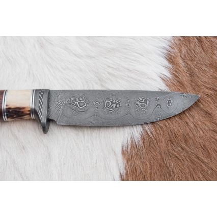 Couteau de chasse en acier de Damas 12,6 cm noyer/bois de cerf