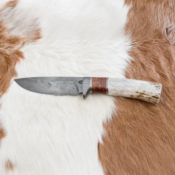 Couteau de chasse en acier de Damas 12 cm frêne/bois de cerf