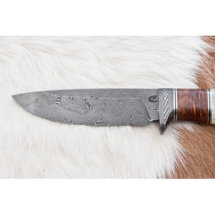 Couteau de chasse en acier de Damas 12 cm frêne/bois de cerf