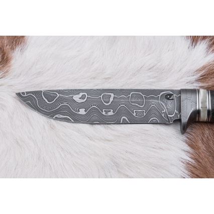 Couteau de chasse en acier de Damas 13,8 cm Bouleau/os de chameau