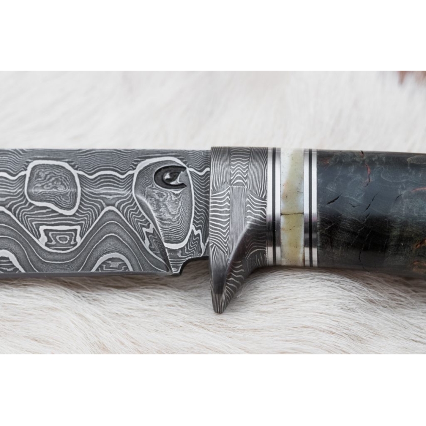 Couteau de chasse en acier de Damas 13,8 cm Bouleau/os de chameau