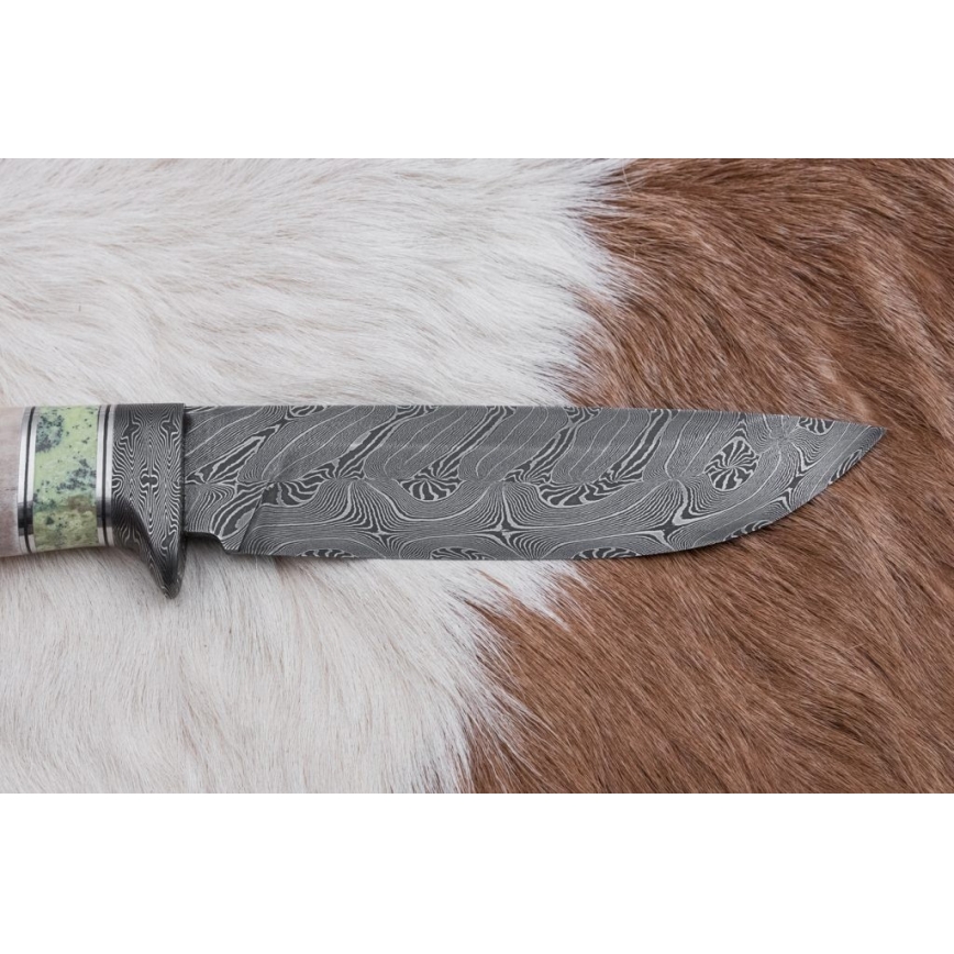 Couteau en acier de Damas unique 13 cm serpentinite/bois de renne