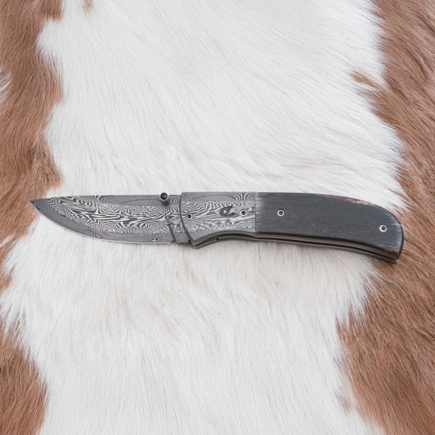 Couteau pliant unique en acier de Damas 8 cm os de mammouth
