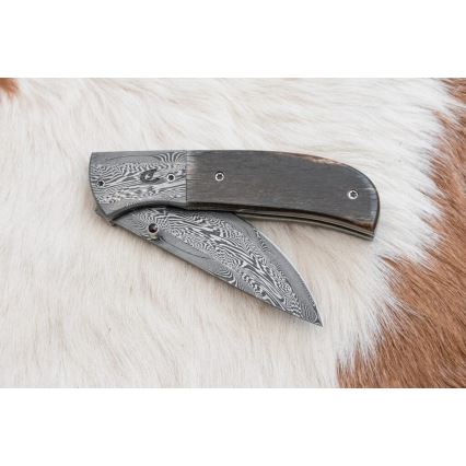 Couteau pliant unique en acier de Damas 8 cm os de mammouth
