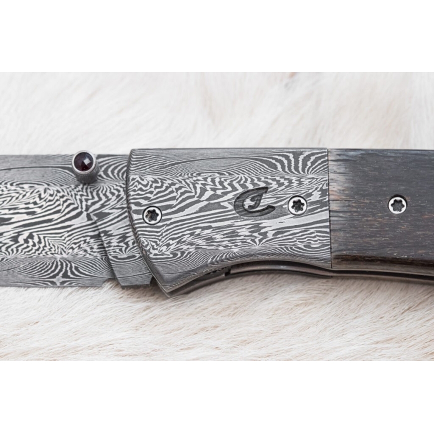 Couteau pliant unique en acier de Damas 8 cm os de mammouth