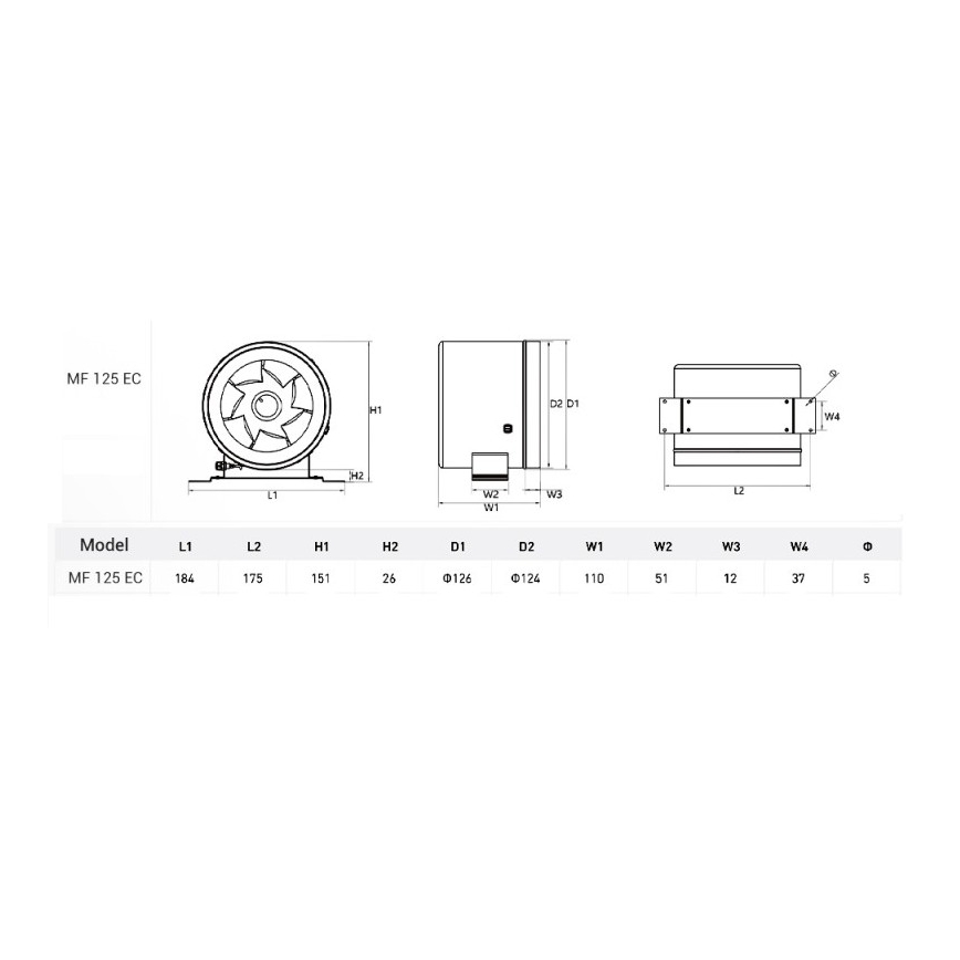 Dalap 24MF125 - Ventilateur en ligne à moteur économique et régulateur de vitesse MF 125 EC 20W/230V