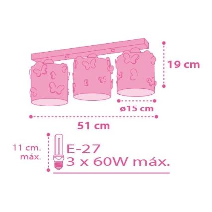 Dalber D-62143 - Plafonnier enfant BUTTERFLY 3xE27/60W/230V