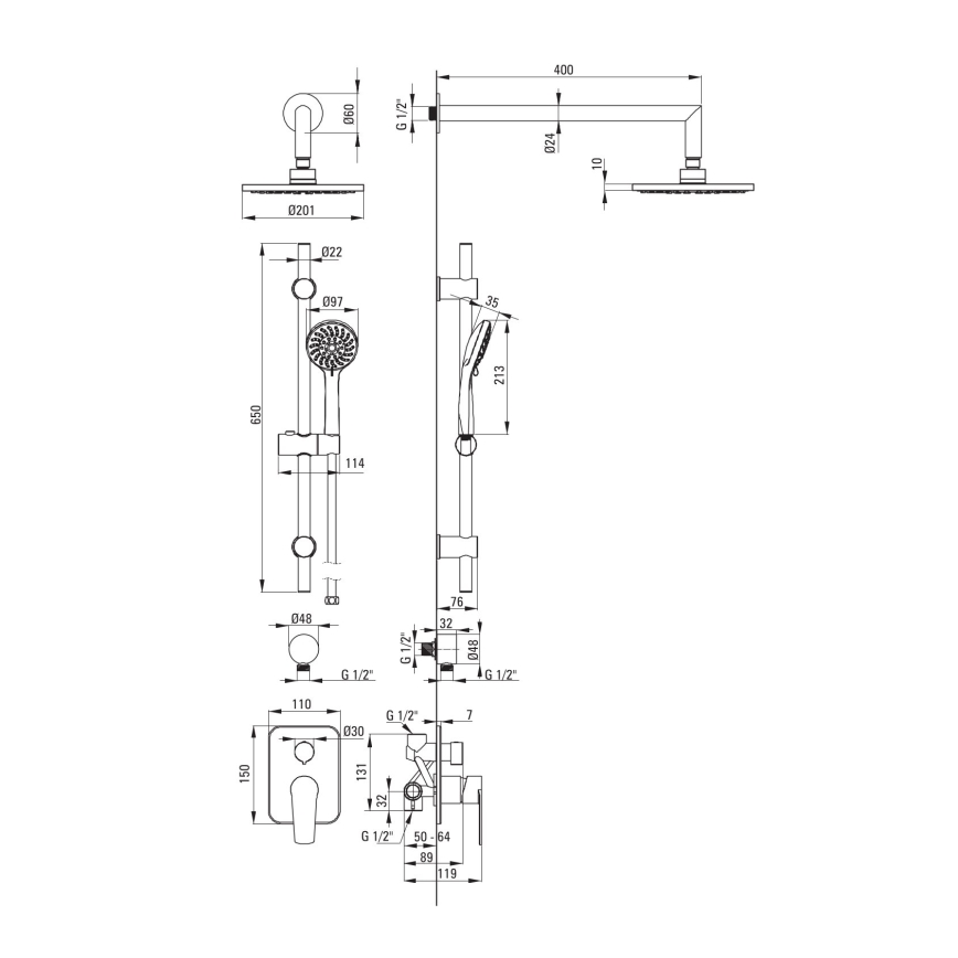 Deante NAC_09GA - Ensemble de douche avec mitigeur encastré ALPINIA, chrome brillant