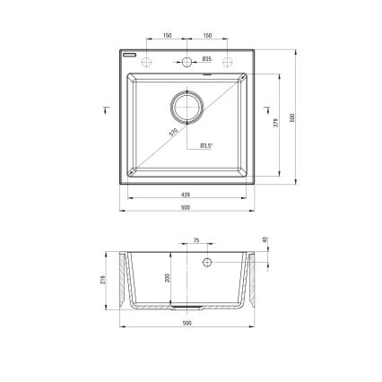 Deante ZQJNN103 - Évier de cuisine EVORA 50x50 cm + robinet d'évier avec bras flexible granit/noir