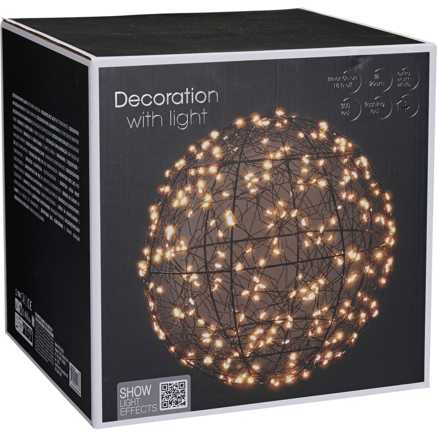 Décoration de Noël extérieure LED 300xLED/230V Ø 25 cm IP44 blanc chaud boule/noire