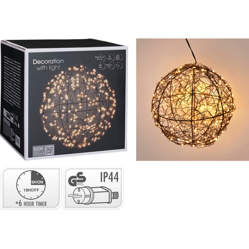 Décoration de Noël LED extérieure 200xLED/230V Ø 18 cm IP44 blanc chaud boule/noire