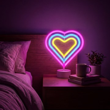 Décoration de table néon LED Cœur — 2 W, alimentation 3×AA ou USB