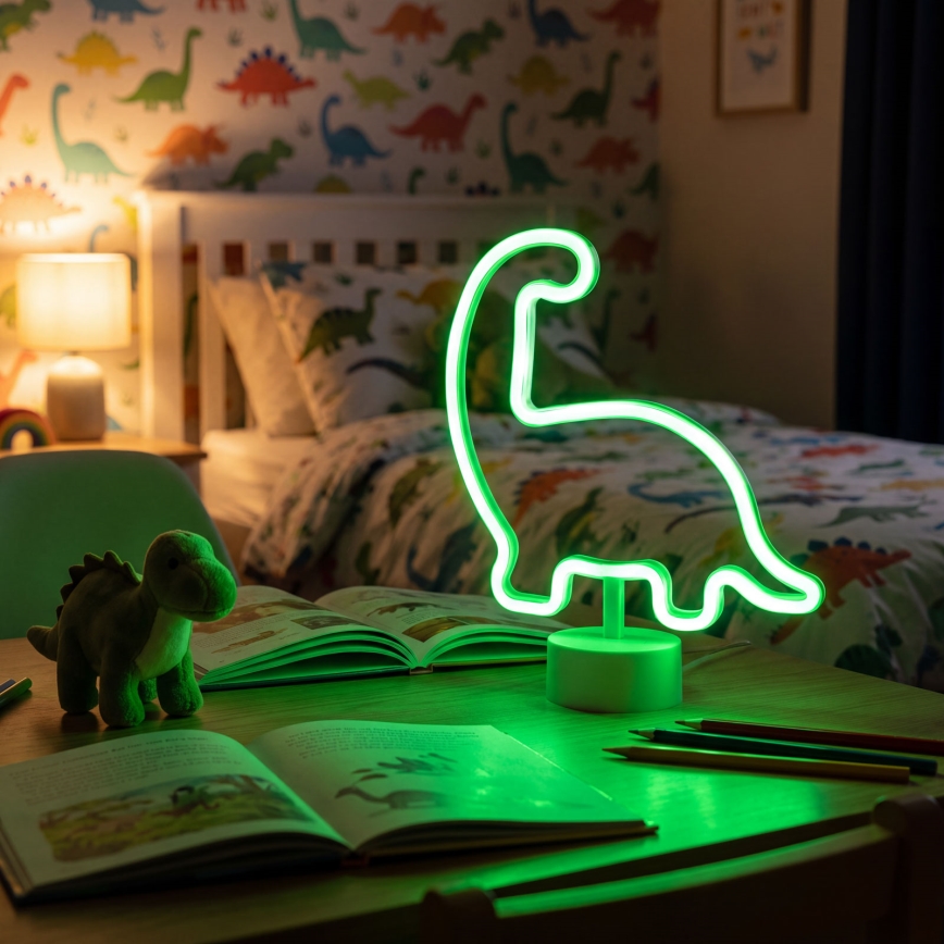 Décoration de table néon LED dinosaure — 2W, alimentation 3x AA ou USB