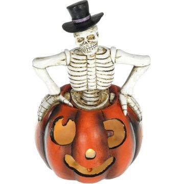 Décoration HALLOWEEN LED/2xLR44/blanc chaud squelette dans une citrouille résine