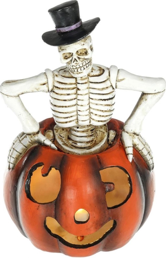 Décoration HALLOWEEN LED/2xLR44/blanc chaud squelette dans une citrouille résine
