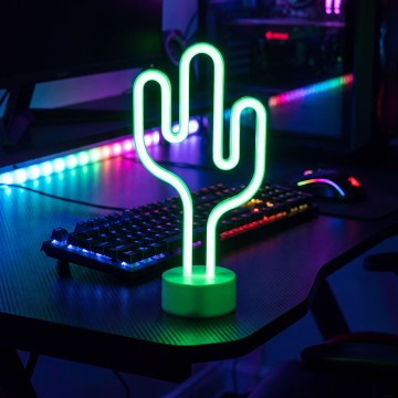 Décoration lumineuse néon pour table, LED, 2 W, fonctionne sur 3 piles AA ou via USB — cactus
