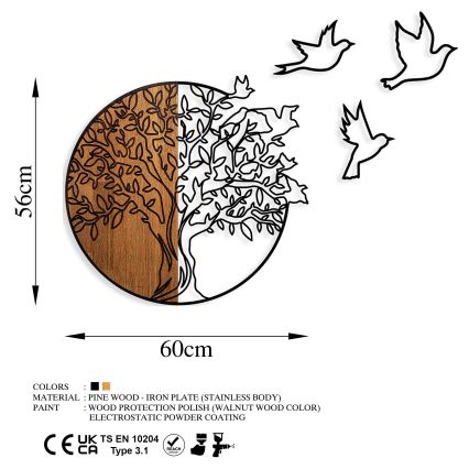 Décoration murale 60x56 cm arbre et oiseaux bois/métal