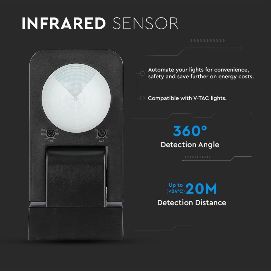 Détecteur de mouvement extérieur infrarouge 360° 1000W/230V IP65 noir