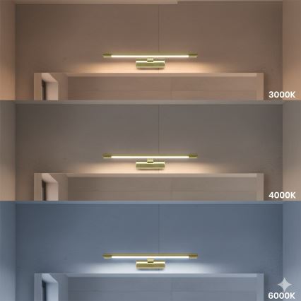 Éclairage LED pour miroir de salle de bains KLIMT, 8 W, 230 V, 3 températures de couleur (3000/4000/6000 K), 40 cm, IP44, finition dorée