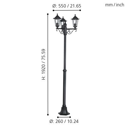 Eglo - Lampadaire extérieur 3xE27/60W/230V IP44