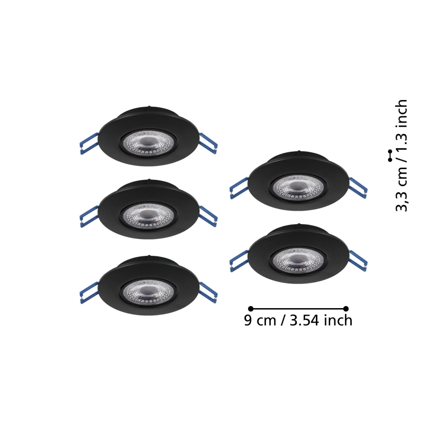 Eglo - Lot de 5 spots encastrés LED, 4,9 W, 230 V, 2700/4000/6500 K, Ø 9 cm, noir