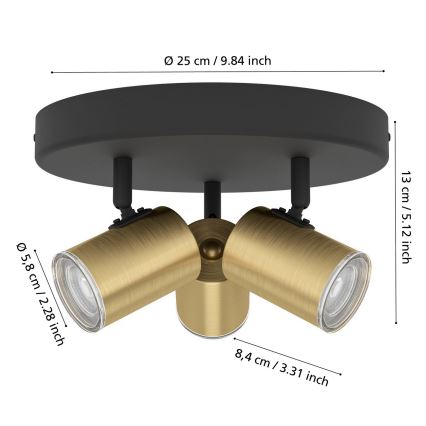 Eglo - Plafonnier à spots pour salle de bains 3xGU10/5W/230V Ø 25 cm IP44 noir/doré