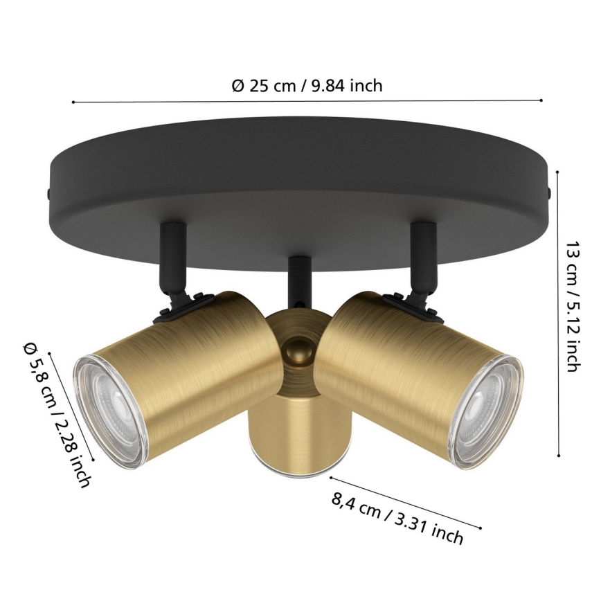 Eglo - Plafonnier à spots pour salle de bains 3xGU10/5W/230V Ø 25 cm IP44 noir/doré