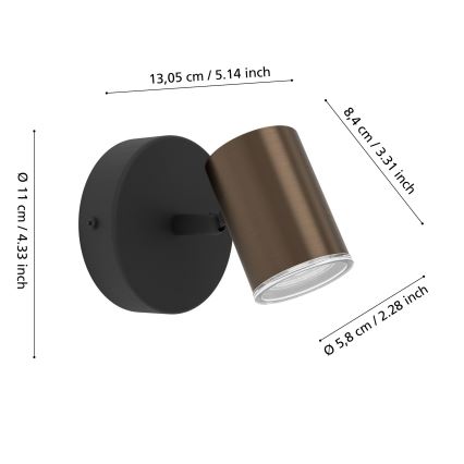Eglo - Spot mural pour salle de bains 1xGU10/5W/230V IP44 noir/marron