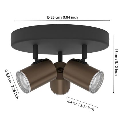 Eglo - Spot de salle de bains 3xGU10/5W/230V Ø25 cm IP44 noir/marron