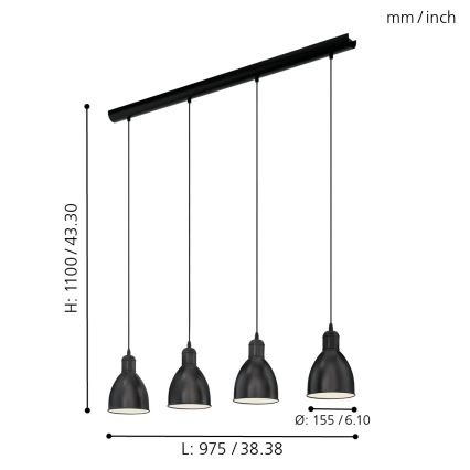 Eglo 55244 - Suspension sur câble PRIDDY 4xE27/60W/230V noire