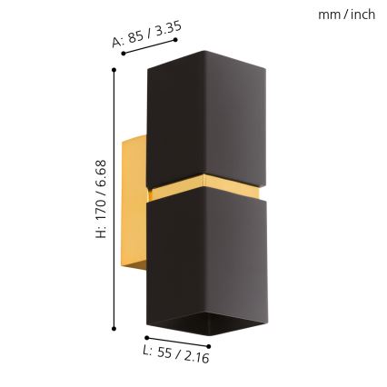 Eglo 64798 - Applique murale LED PASSA PRO 2xGU10/3,3W/230V 3000K noir/doré