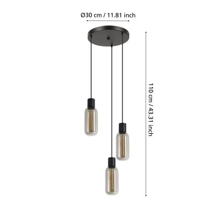 Eglo - Suspension sur câble 3xE27/4W/230V noire/fumée