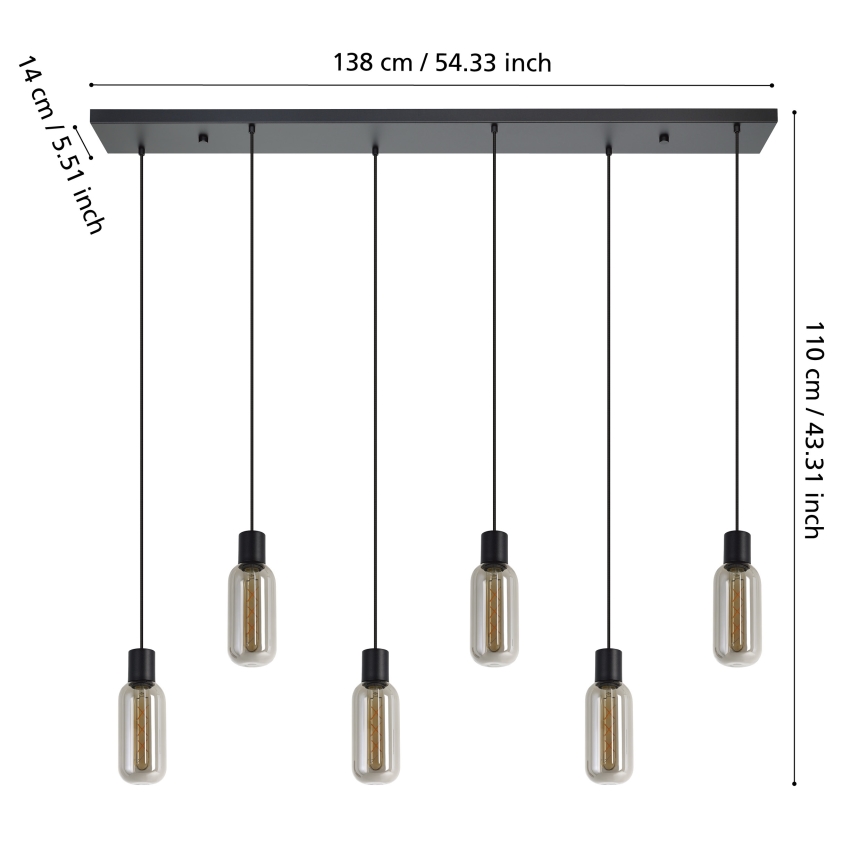 Eglo - Suspension sur câble 6xE27/4W/230V noir/fumé