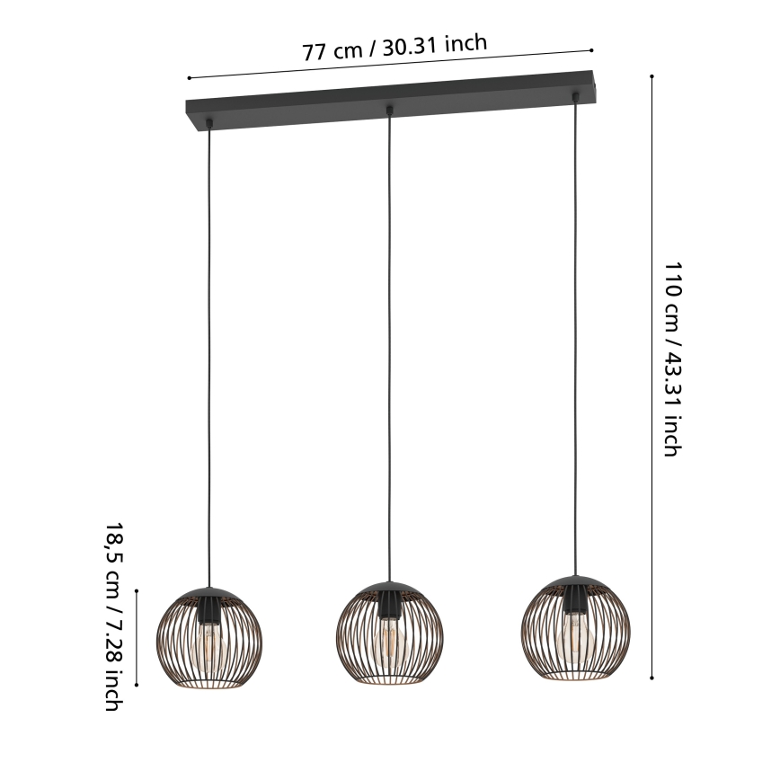 Eglo - Suspension sur câble 3xE27/60W/230V noire