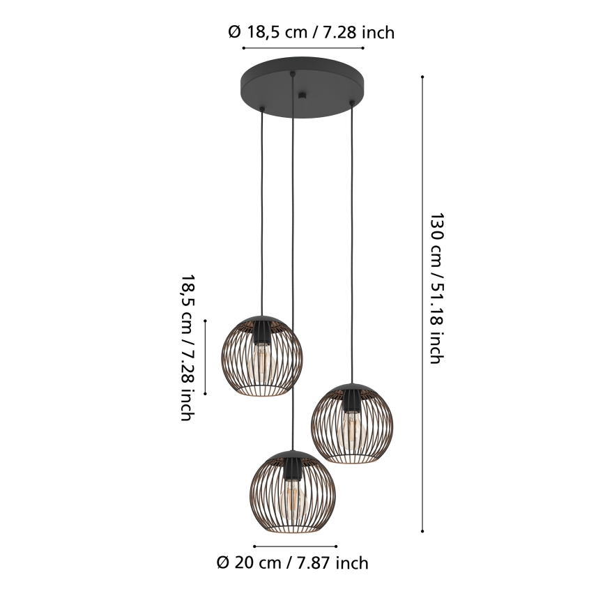 Eglo - Suspension sur câble 3xE27/60W/230V noire