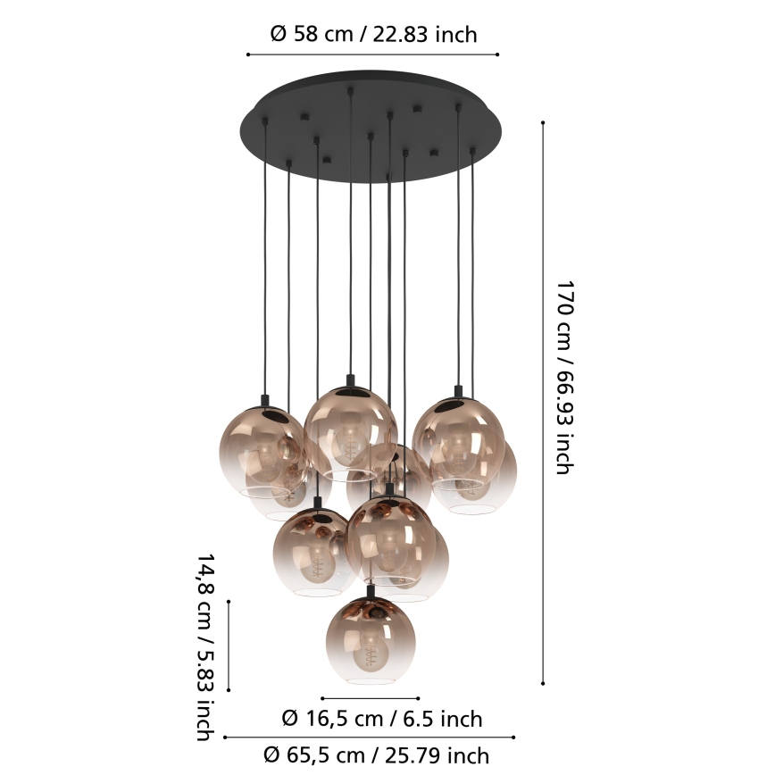 Eglo - Suspension sur câble 10xE27/60W/230V noir/beige/fumé