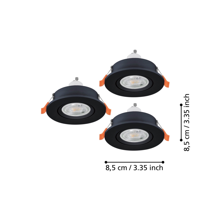 Eglo - Lot de 3 spots LED encastrés pour salle de bains 1xGU10/4,5W/230V IP44 noir