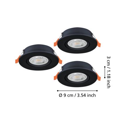 Eglo - Lot de 3 spots encastrés LED 4,8W 230V 2700/4000/6500K noir