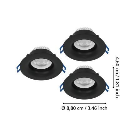 Eglo - LOT DE 3 spots encastrés LED pour salle de bains LED/4,9W/230V 2700/4000/6500K Ø 8,8 cm IP65 noir