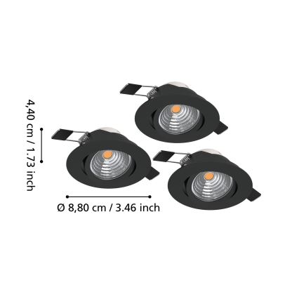 Eglo - Lot de 3 spots encastrables LED dimmables, 6,4 W, 230 V, Ø 8,8 cm, noir