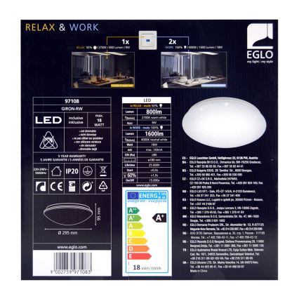 Eglo 97108 - Plafonnier LED GIRON-RW 1xLED/18W/230V 2700K-4000K