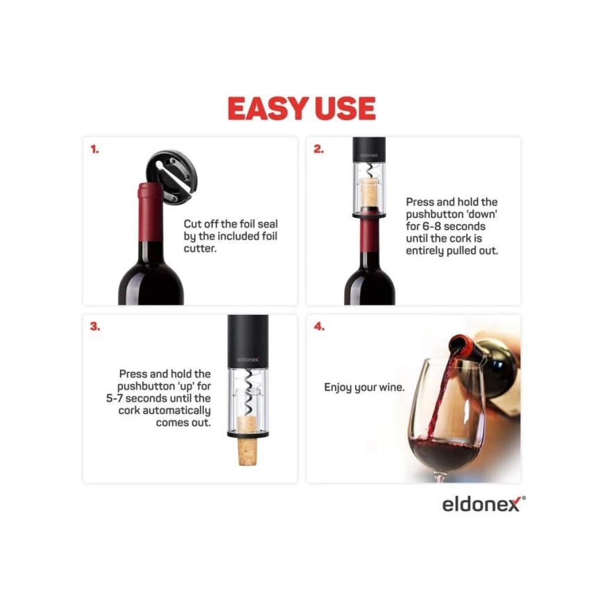 ELDONEX EWO-2100-BK - Ouvre-bouteille électrique pour vin 4xAA noir