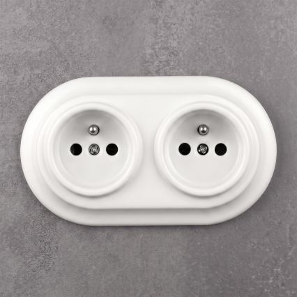Elhard - Double prise domestique en céramique blanche au design rétro avec cadre, 230 V