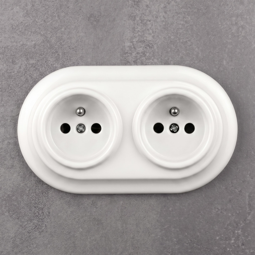 Elhard - Double prise domestique en céramique blanche au design rétro avec cadre, 230 V