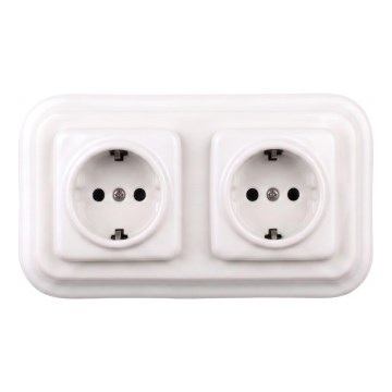Elhard - Double prise murale en céramique de style rétro avec cadre SCHUKO 230 V, blanche