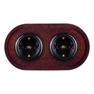 Elhard - Double prise murale en céramique rétro avec cadre SCHUKO 230V noir/bois foncé
