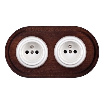 Elhard - Double prise murale rétro en céramique avec cadre 230V blanc/bois foncé